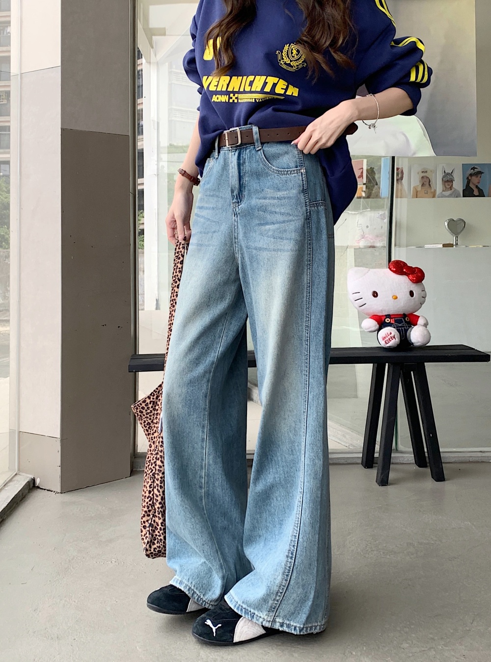 Straight wide leg long pants retro jeans for women