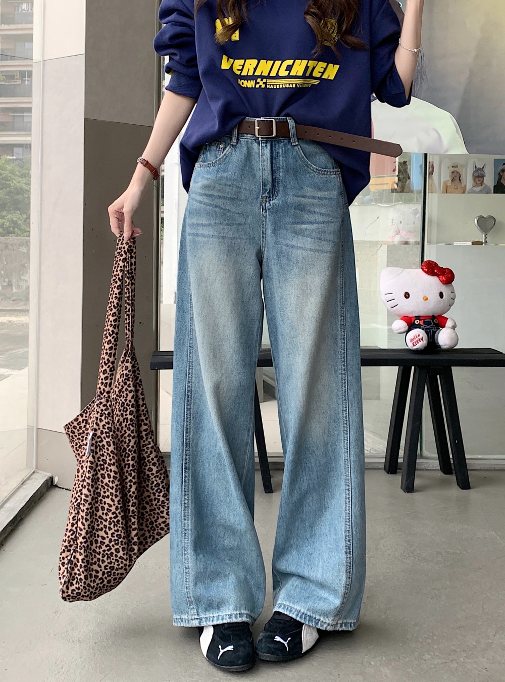 Straight wide leg long pants retro jeans for women