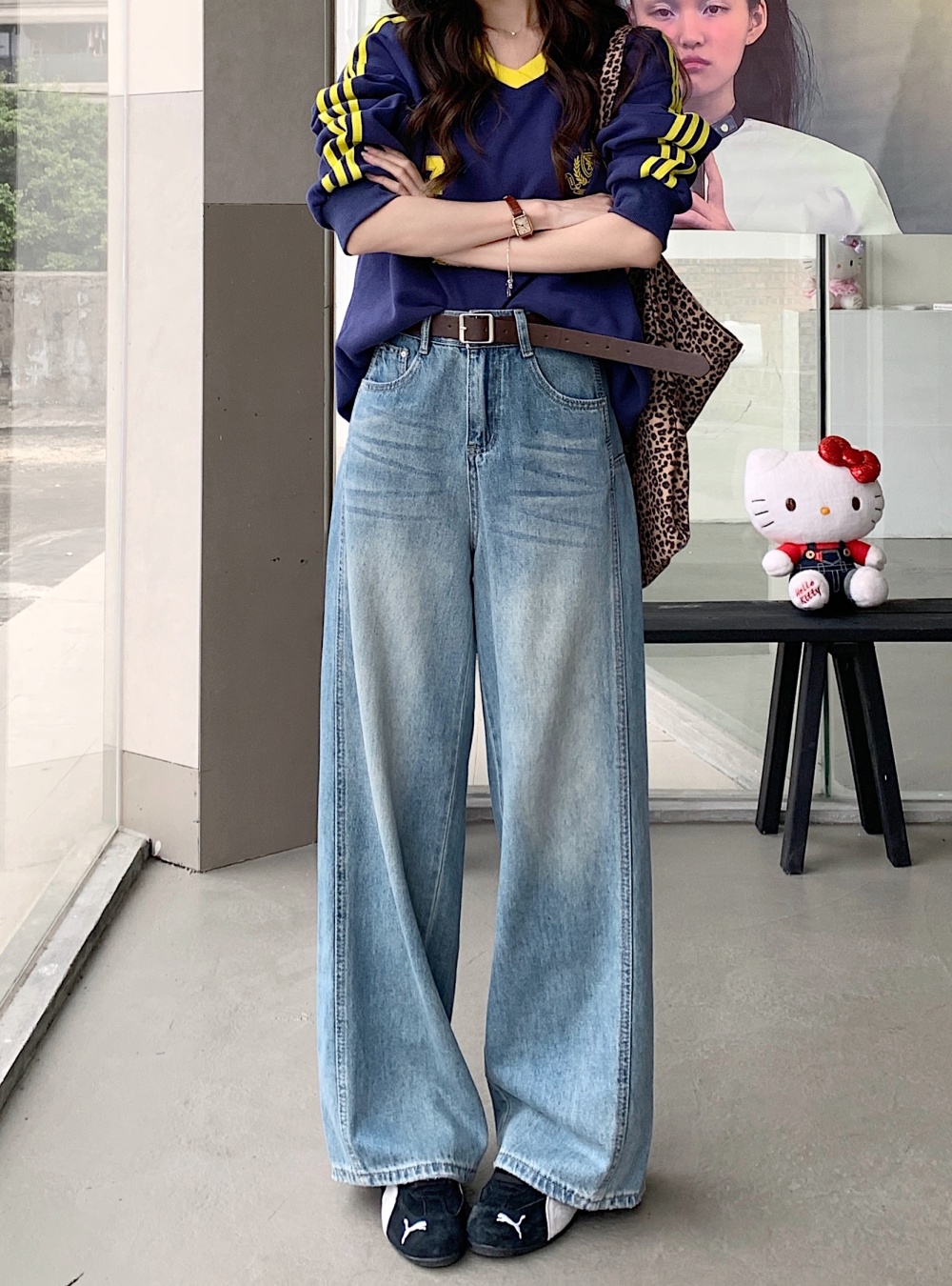 Straight wide leg long pants retro jeans for women