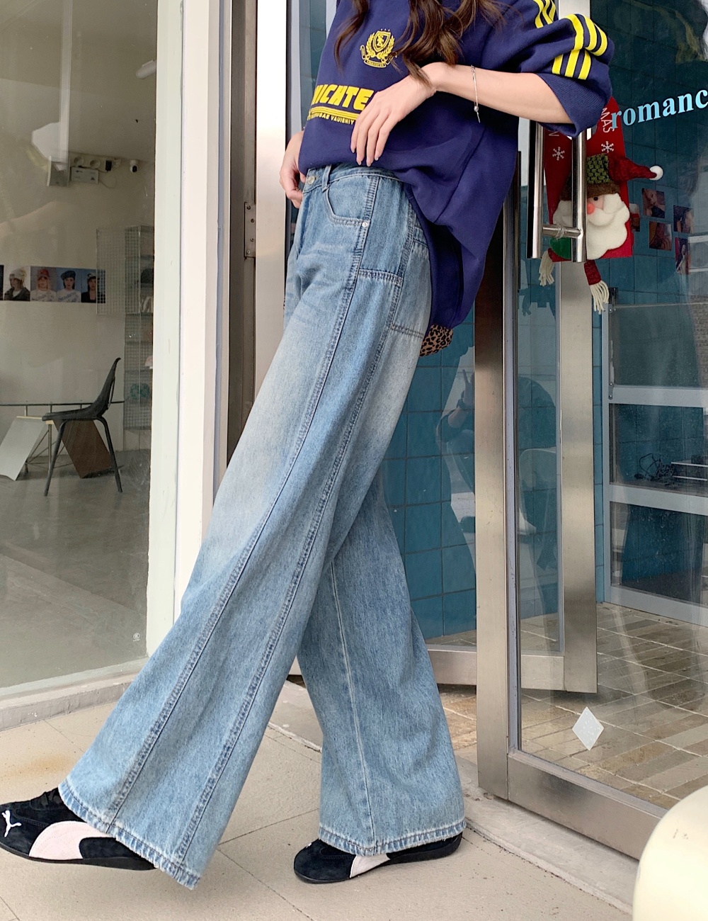 Straight wide leg long pants retro jeans for women