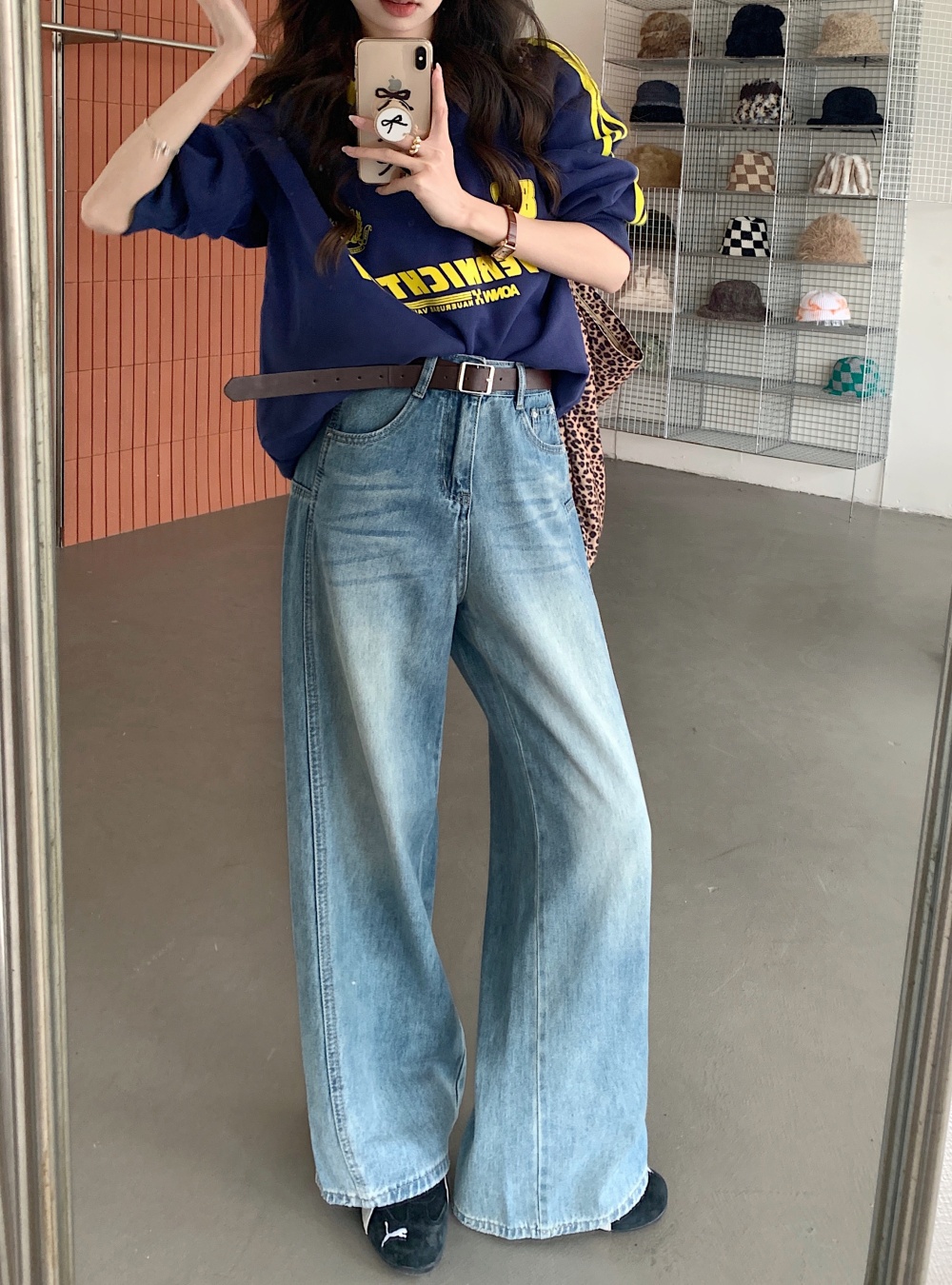 Straight wide leg long pants retro jeans for women