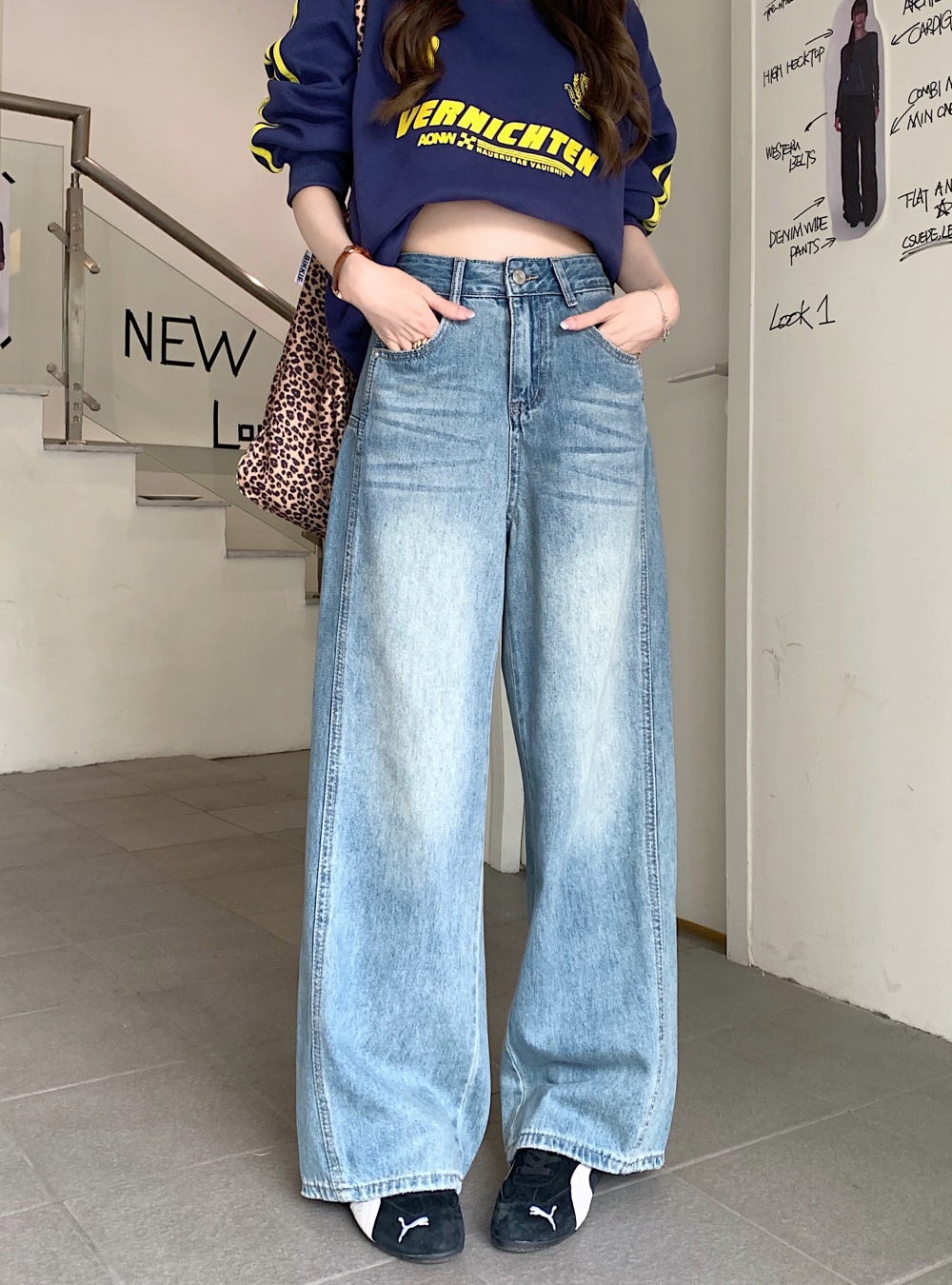 Straight wide leg long pants retro jeans for women