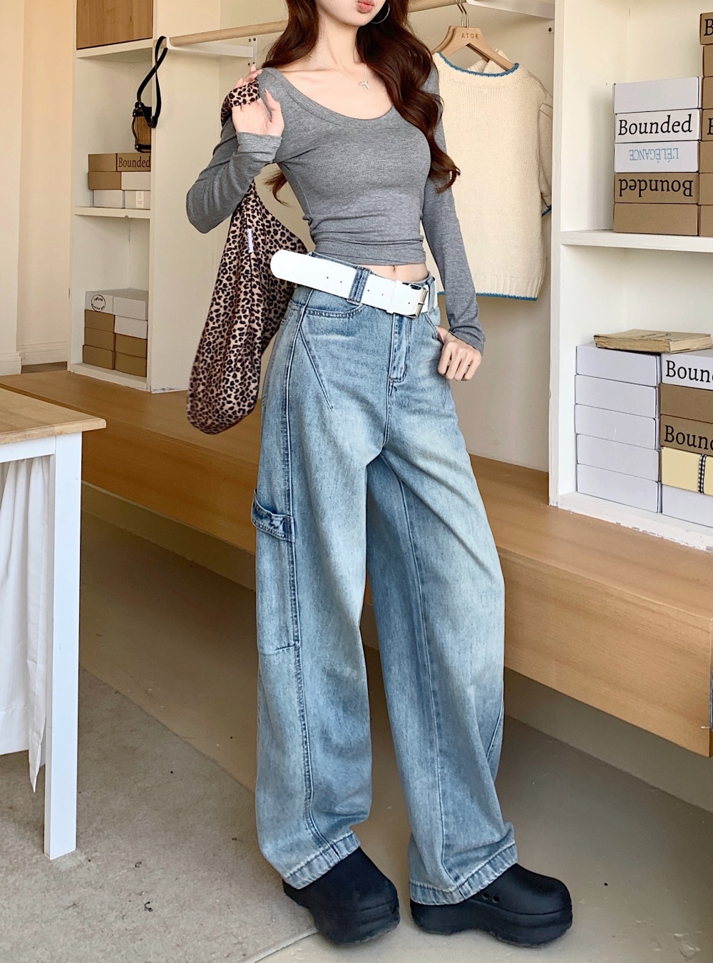 Drape high waist pants spring and autumn jeans for women