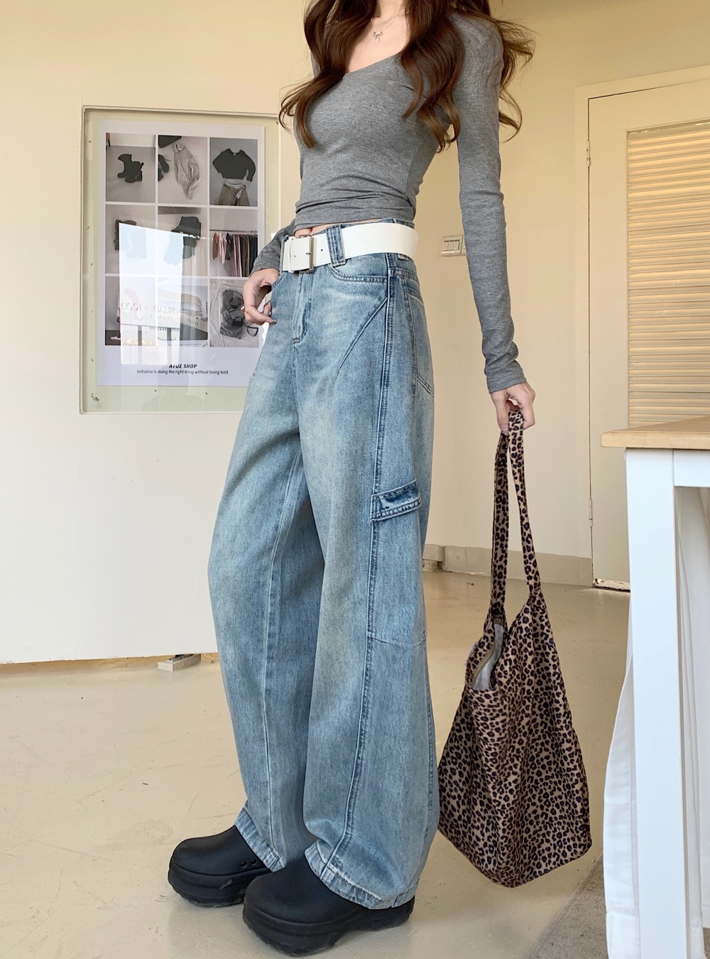 Drape high waist pants spring and autumn jeans for women