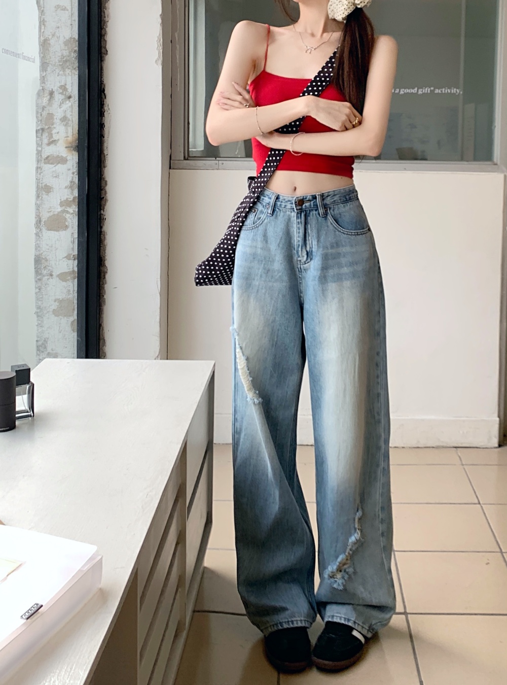 Light-blue long pants American style jeans for women