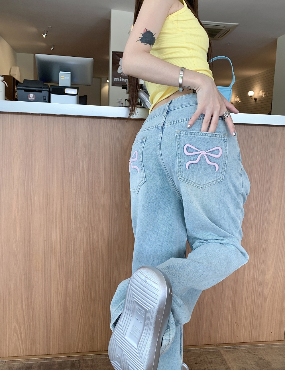 Mopping wide leg blue jeans embroidery slim pants for women