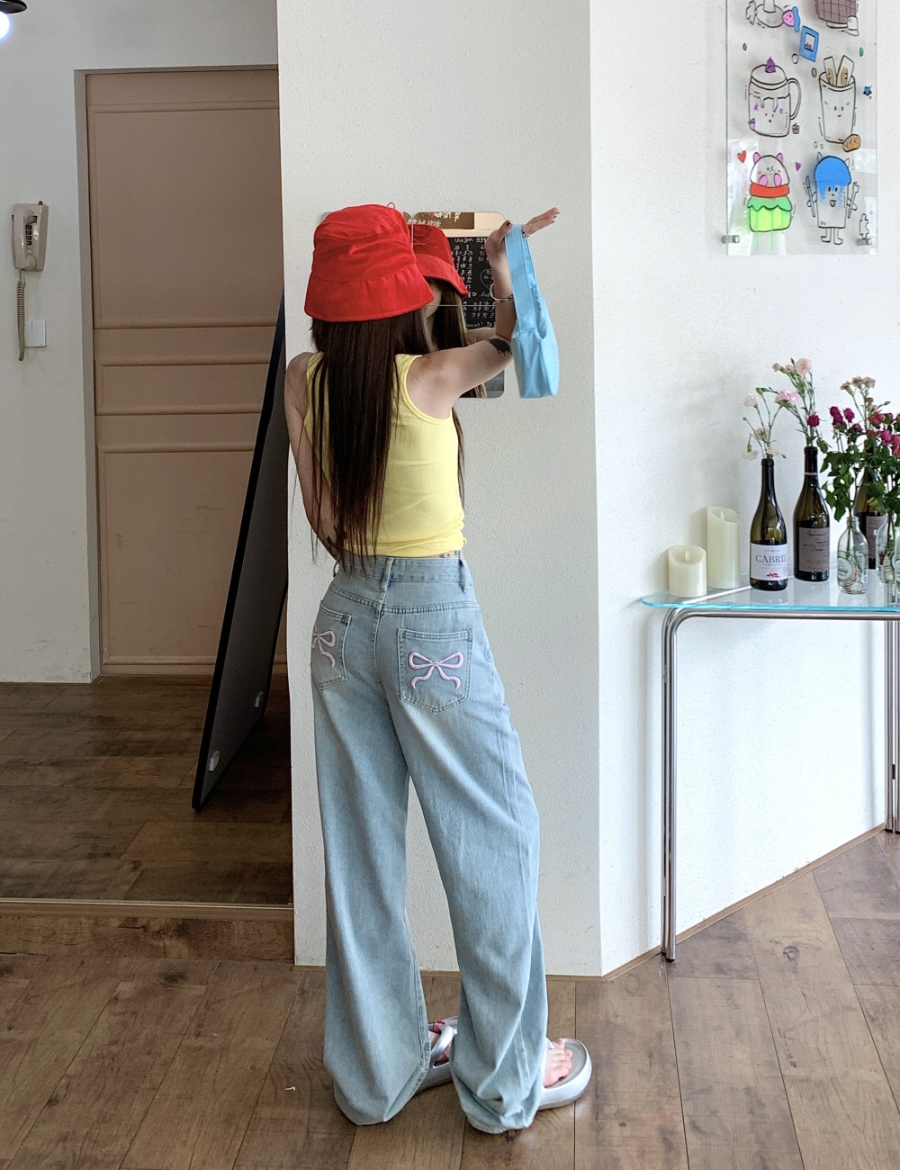 Mopping wide leg blue jeans embroidery slim pants for women