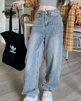 Light-blue retro jeans high waist long pants for women