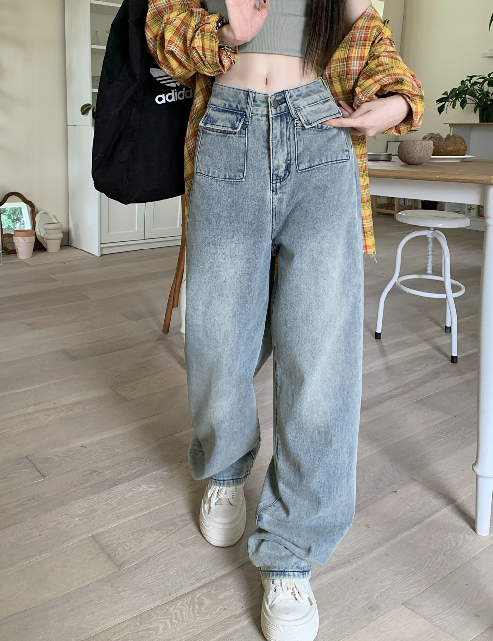 Light-blue retro jeans high waist long pants for women