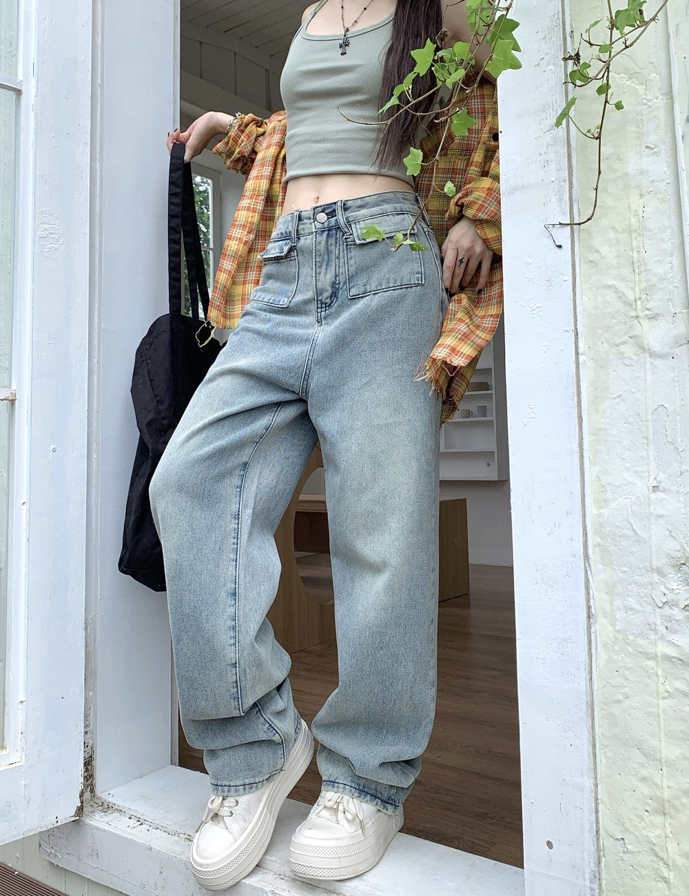 Light-blue retro jeans high waist long pants for women