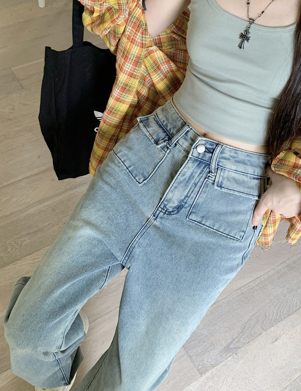 Light-blue retro jeans high waist long pants for women