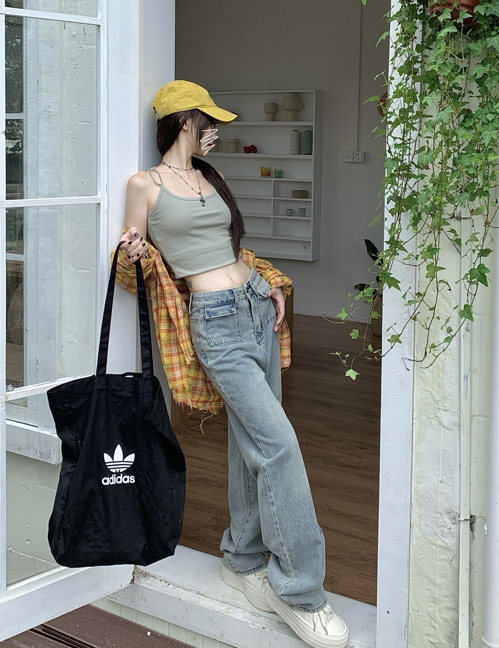 Light-blue retro jeans high waist long pants for women