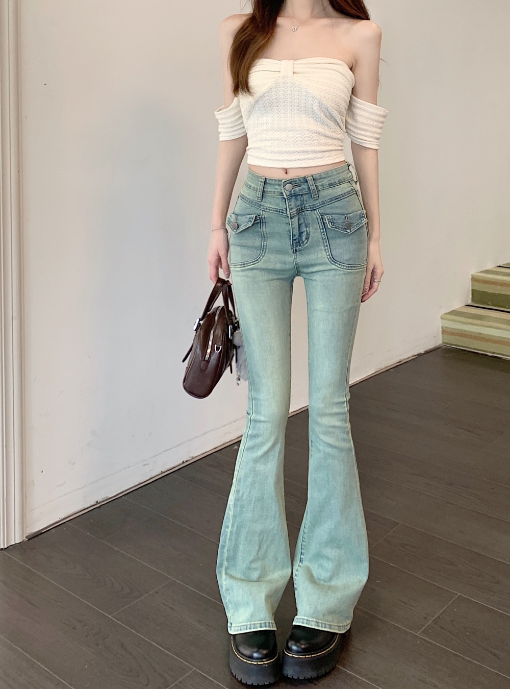 Retro micro speaker low-waist spring denim long pants