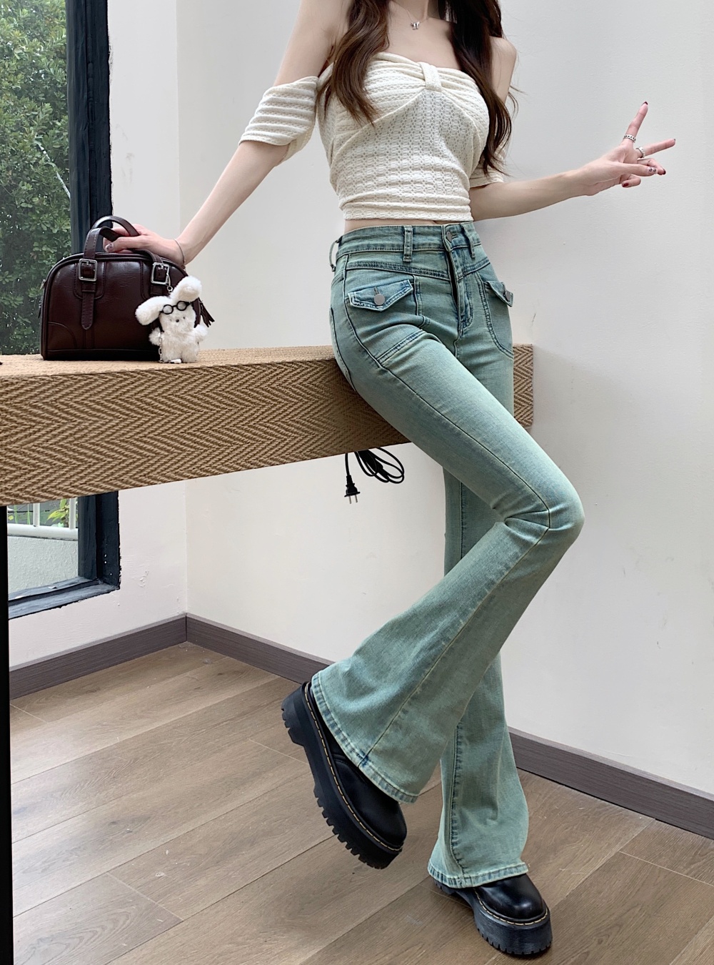 Retro micro speaker low-waist spring denim long pants