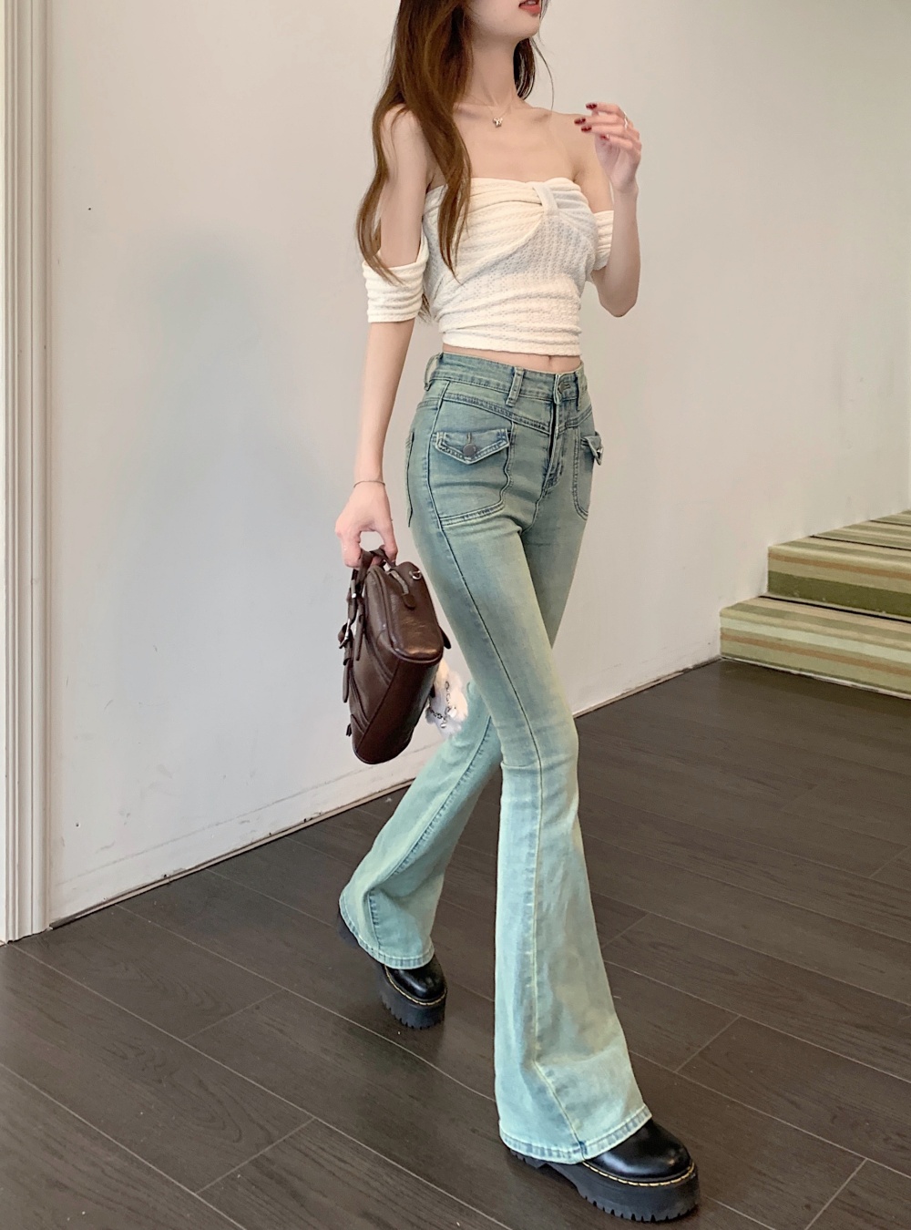 Retro micro speaker low-waist spring denim long pants