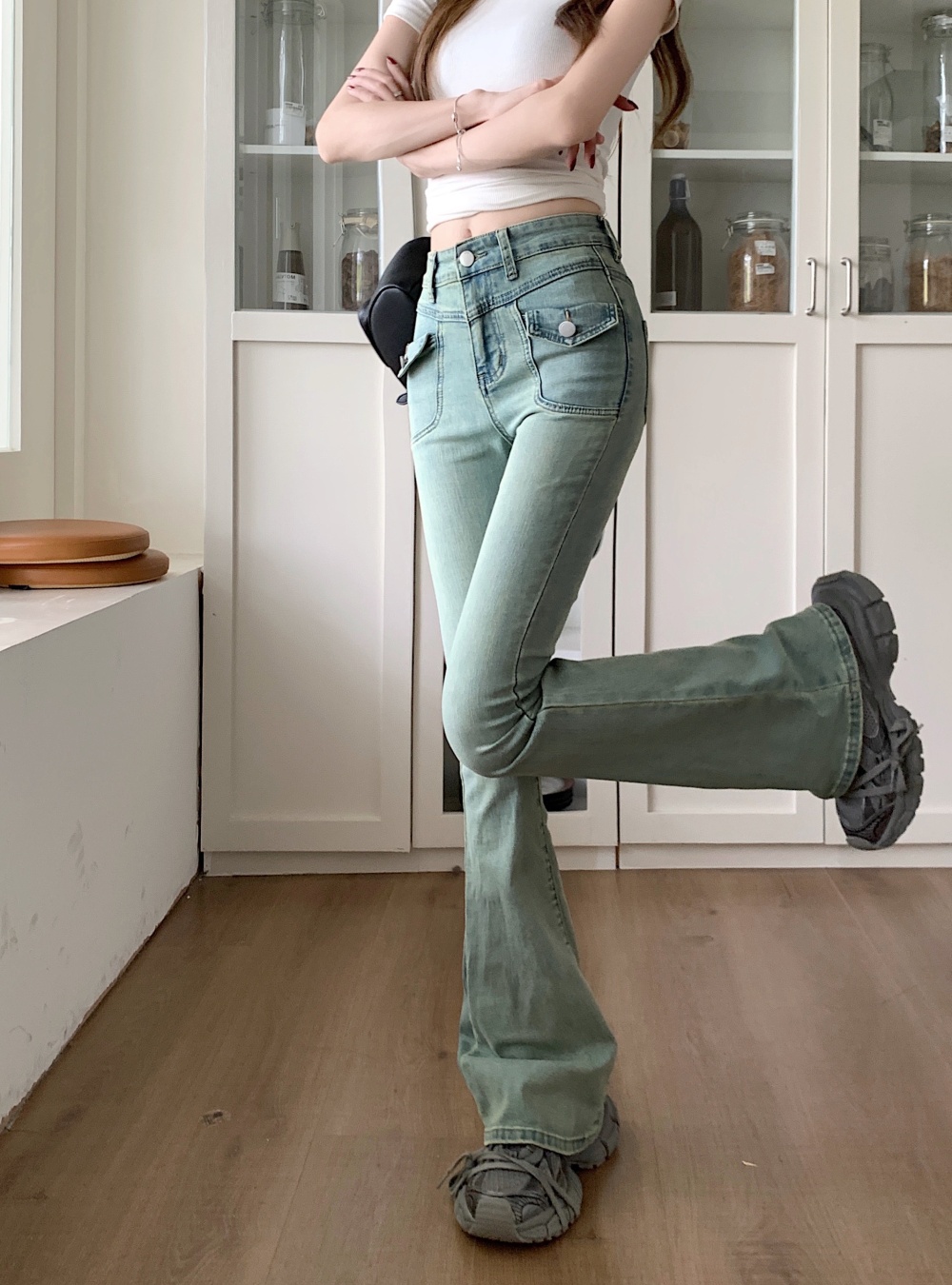 Retro micro speaker low-waist spring denim long pants