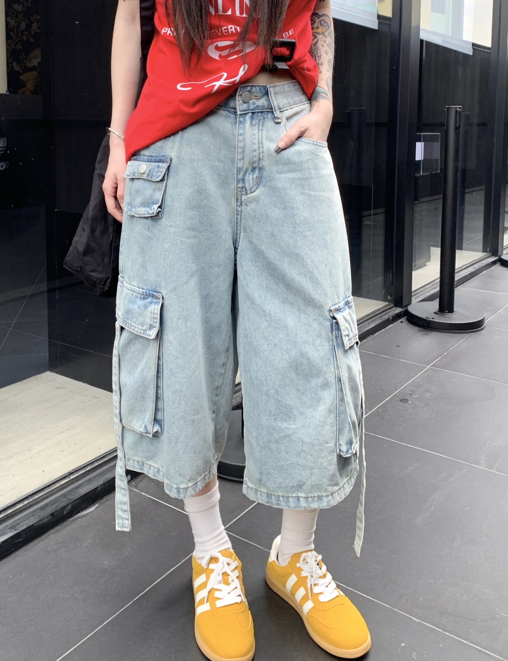 Wide leg short jeans summer work clothing for women