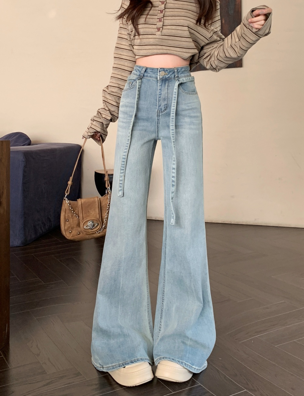 High waist micro speaker long pants speaker denim pants