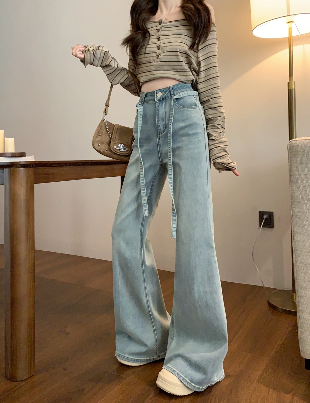 High waist micro speaker long pants speaker denim pants