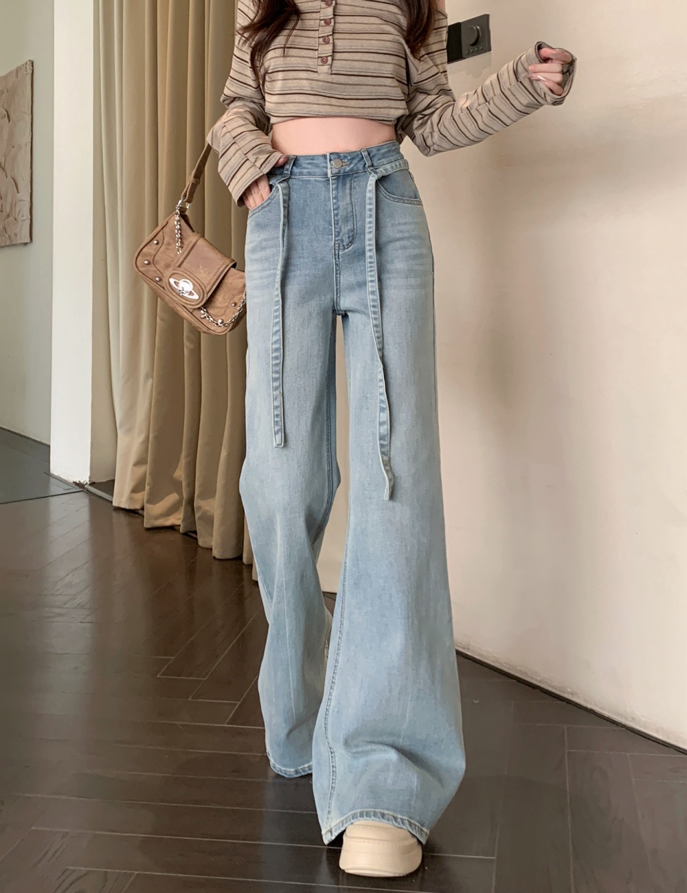 High waist micro speaker long pants speaker denim pants