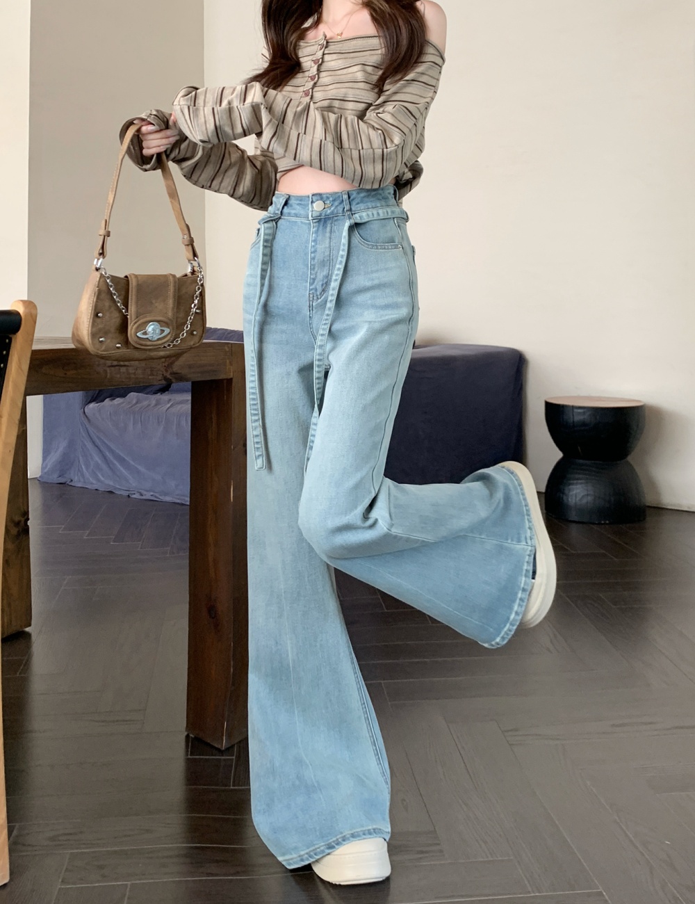 High waist micro speaker long pants speaker denim pants