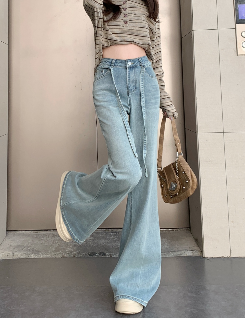 High waist micro speaker long pants speaker denim pants