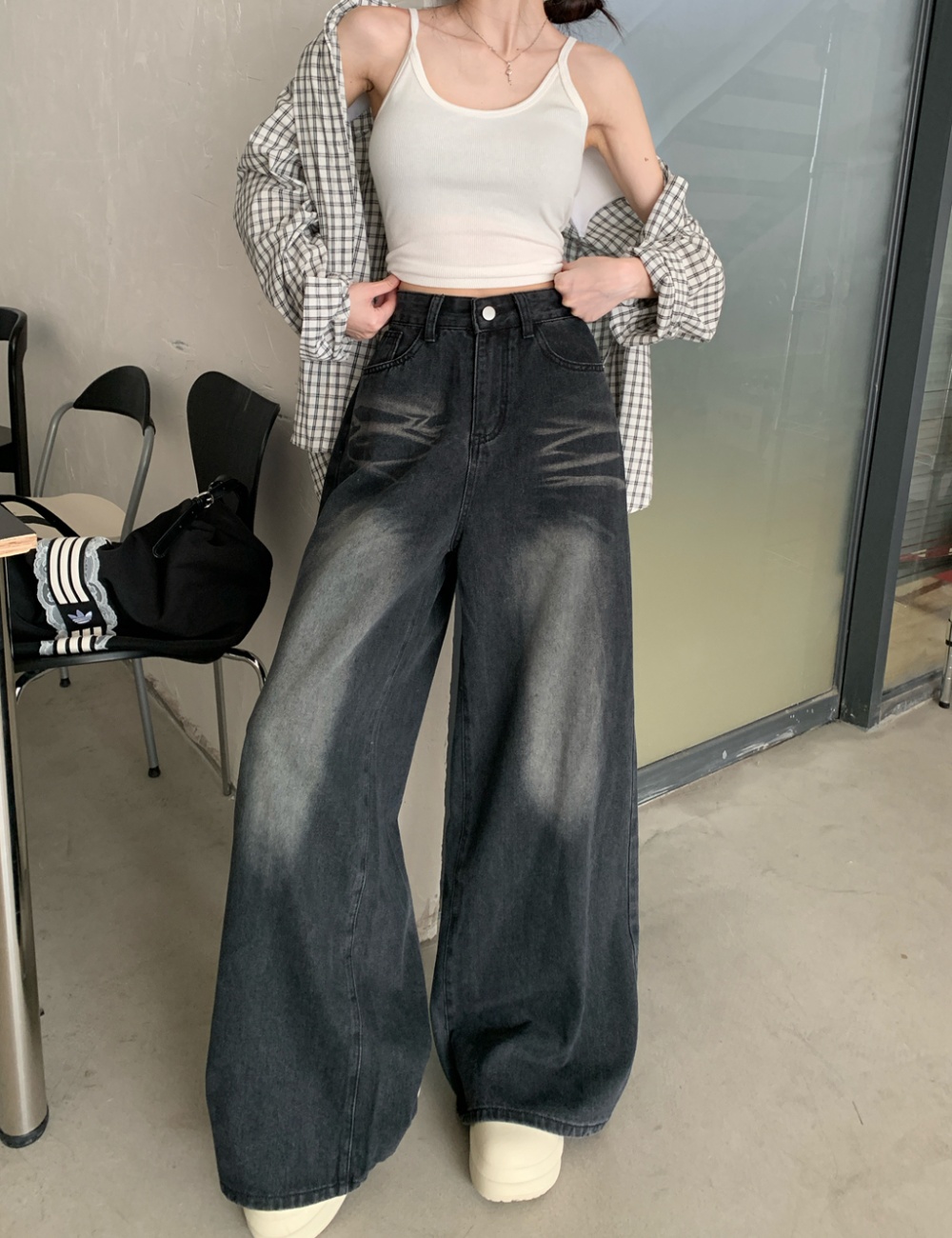 High waist loose jeans straight long pants for women