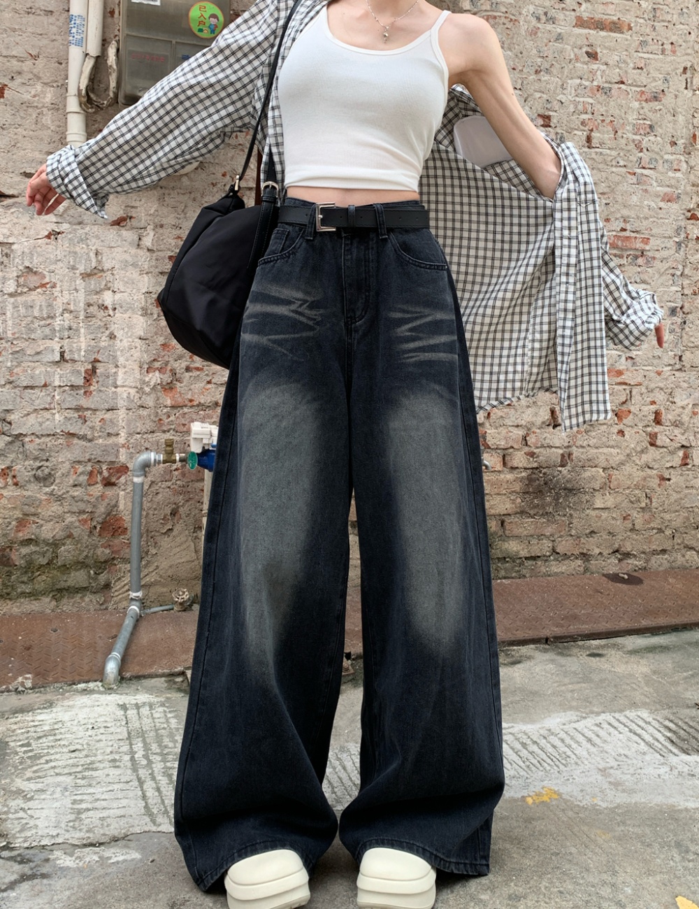 High waist loose jeans straight long pants for women