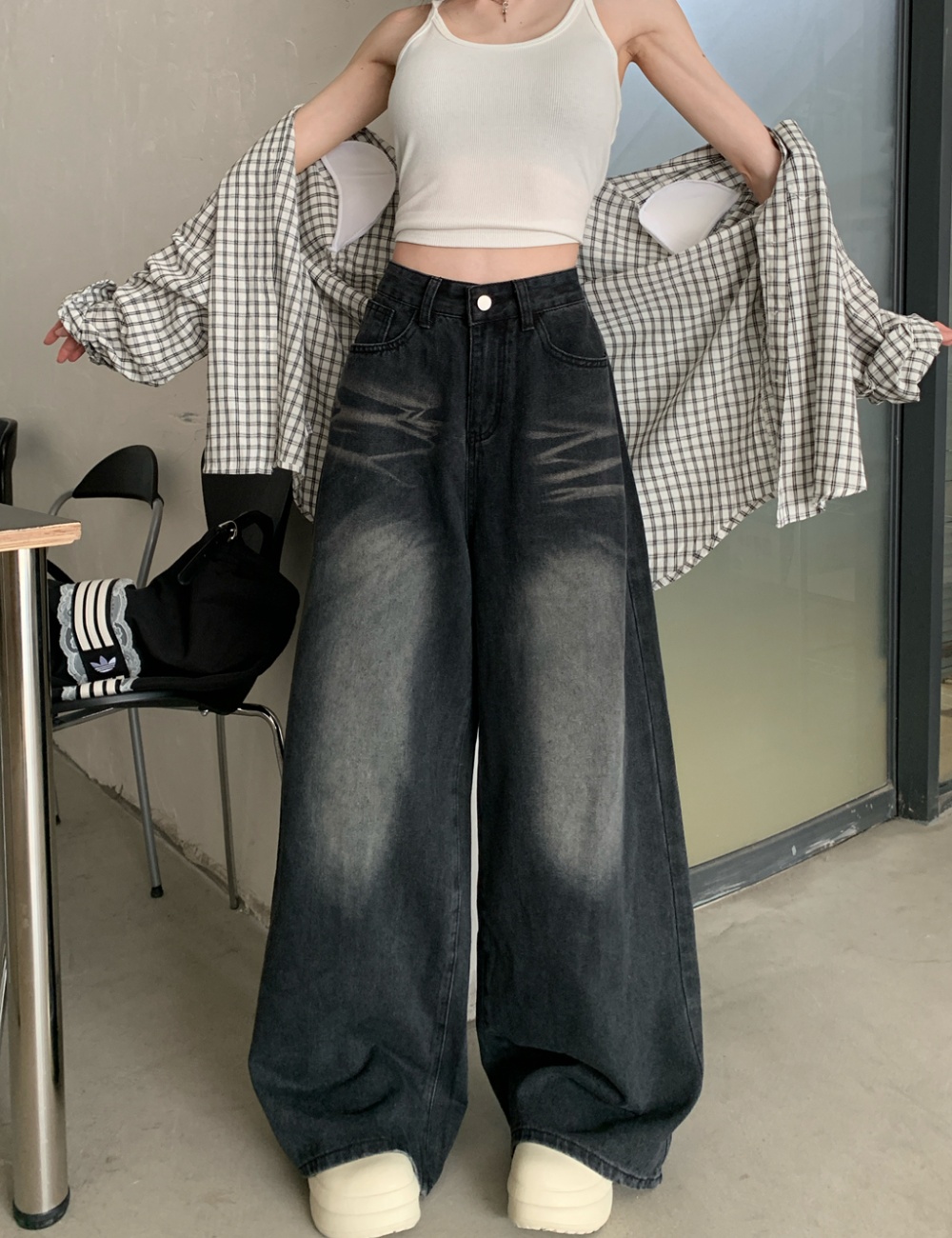 High waist loose jeans straight long pants for women