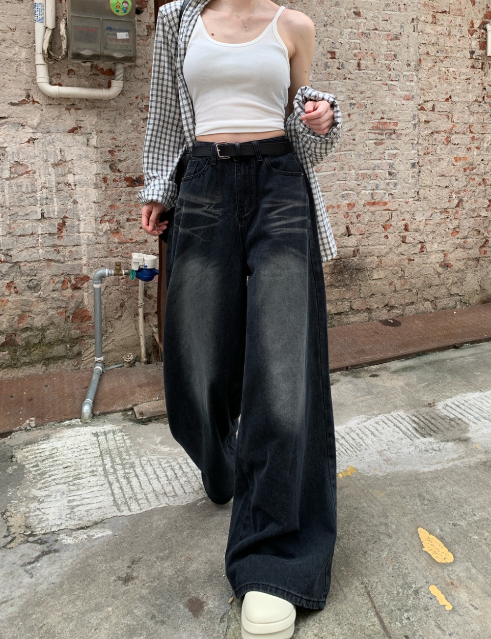 High waist loose jeans straight long pants for women