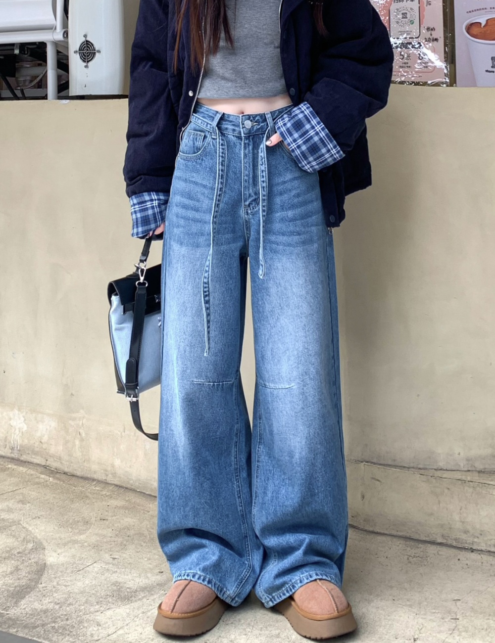 Drawstring fleece pants denim long pants for women