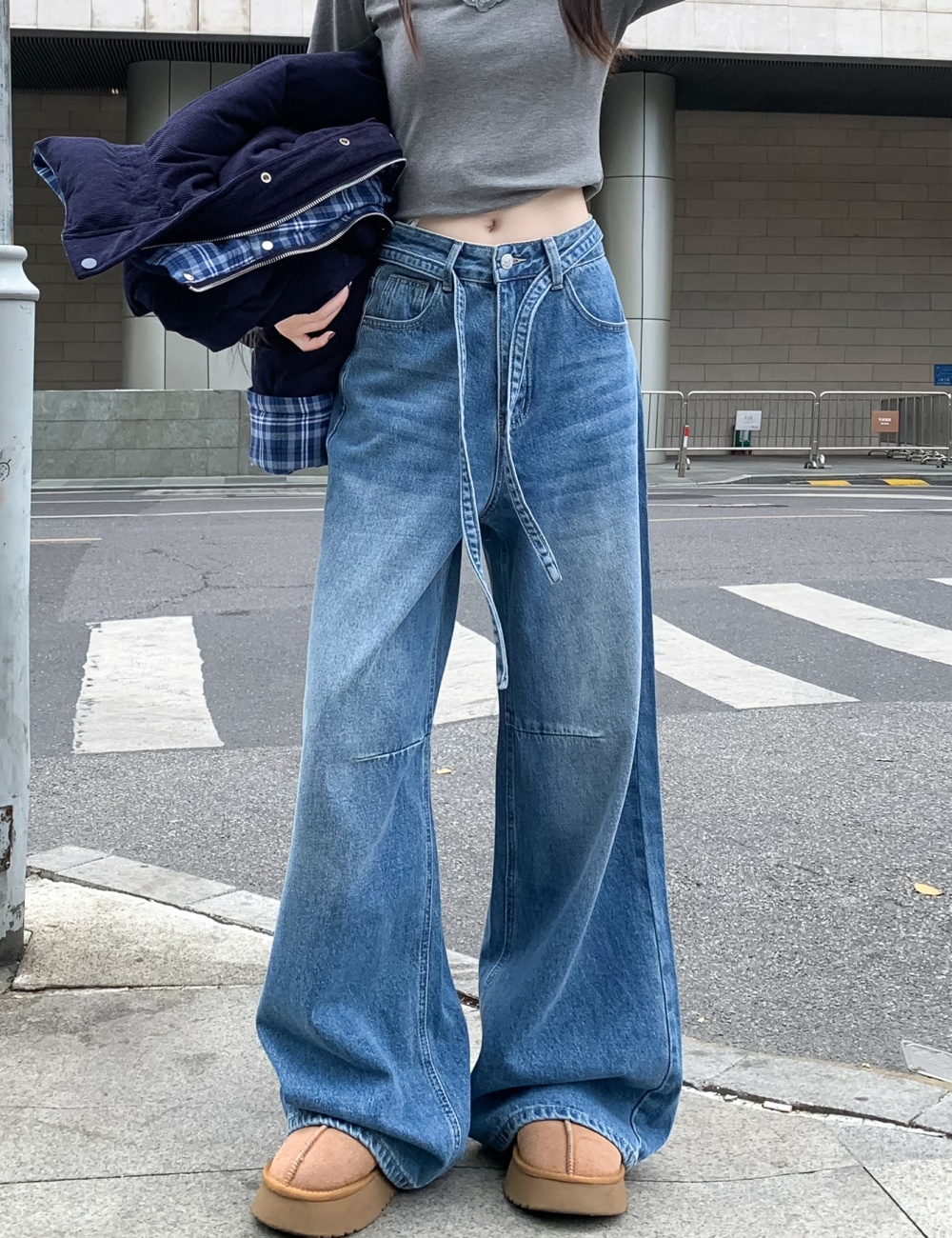 Drawstring fleece pants denim long pants for women