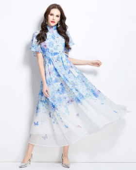 Boats sleeve pinched waist cstand collar dress