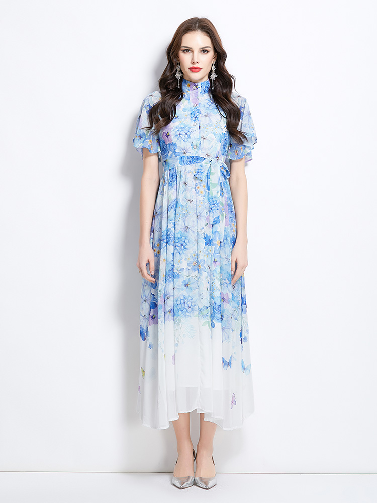 Boats sleeve pinched waist cstand collar dress