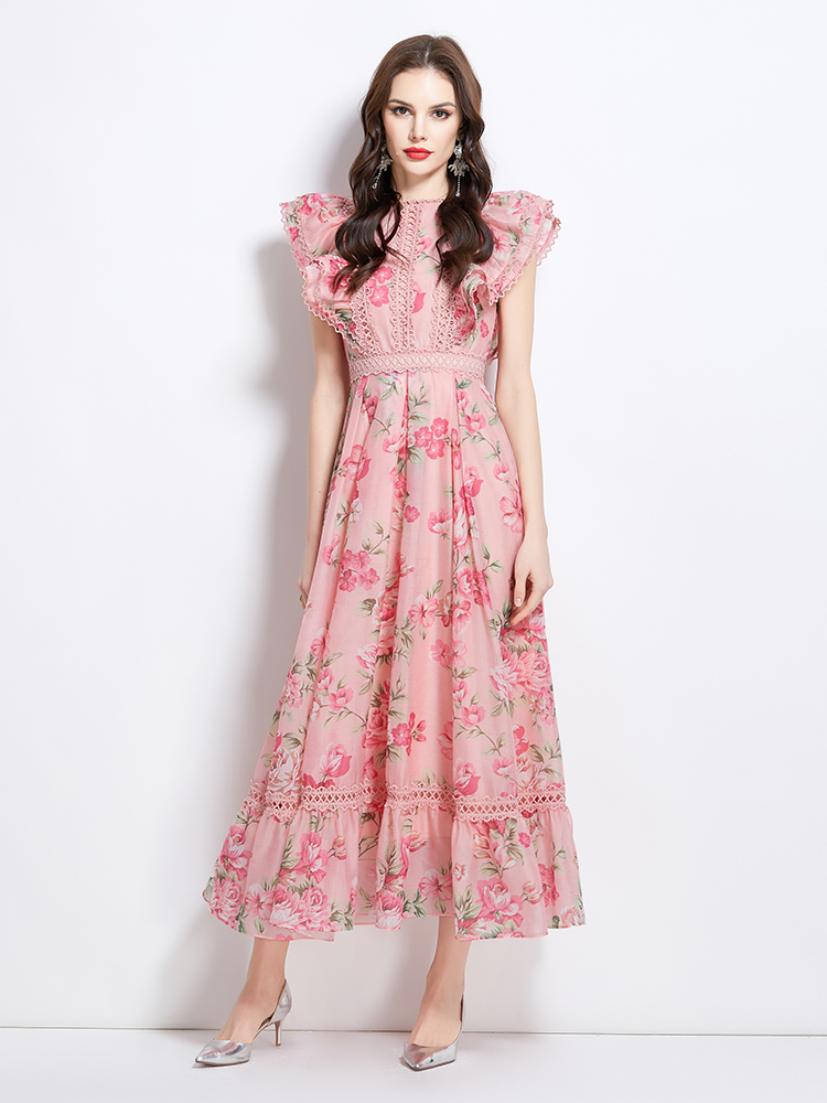 Long flowers vacation spring and summer splice lace dress