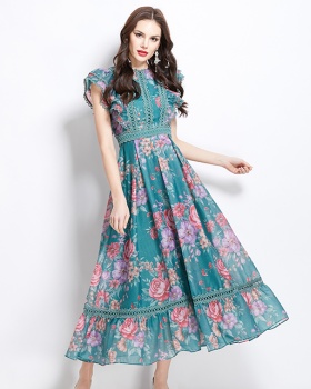 Flowers lace long splice vacation painting spring and summer dress