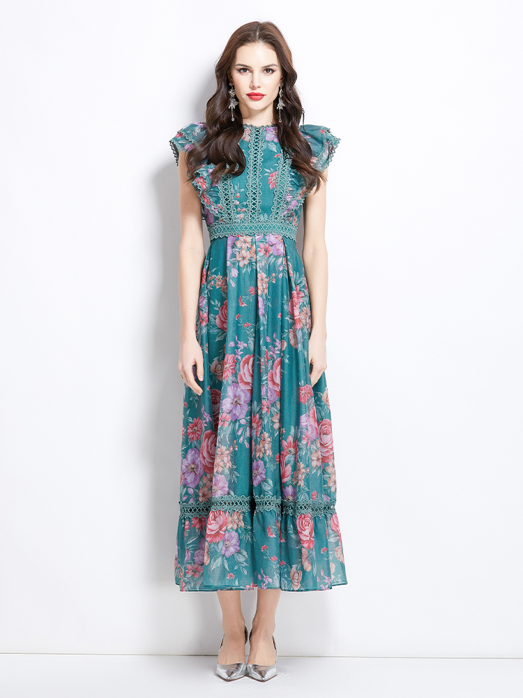 Flowers lace long splice vacation painting spring and summer dress