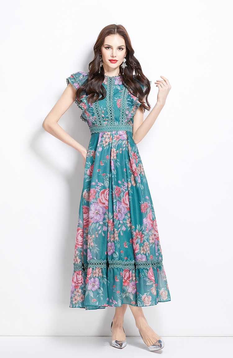 Flowers lace long splice vacation painting spring and summer dress