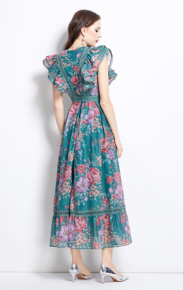 Flowers lace long splice vacation painting spring and summer dress