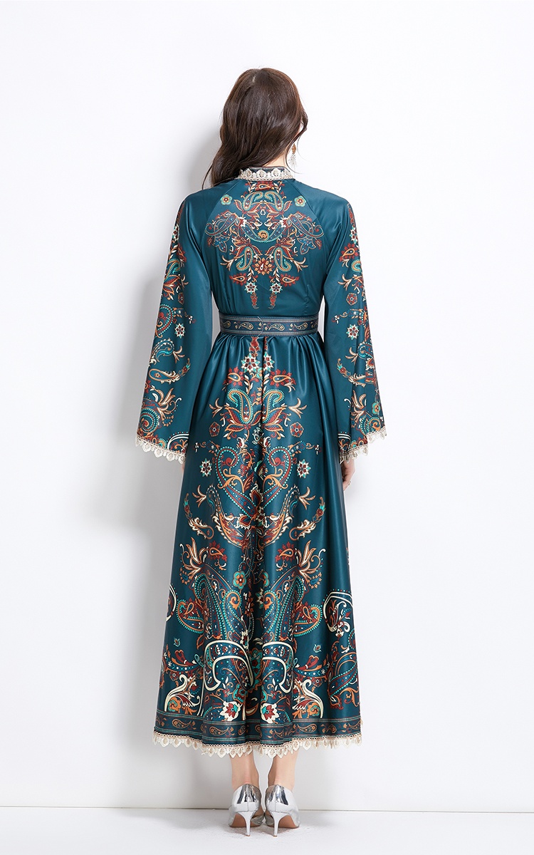 Spring and summer long national style lace printing dress