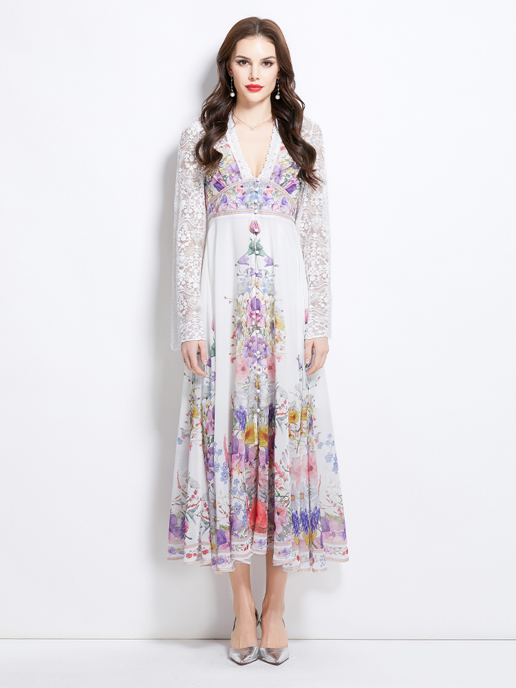 Printing lace V-neck spring and summer dress