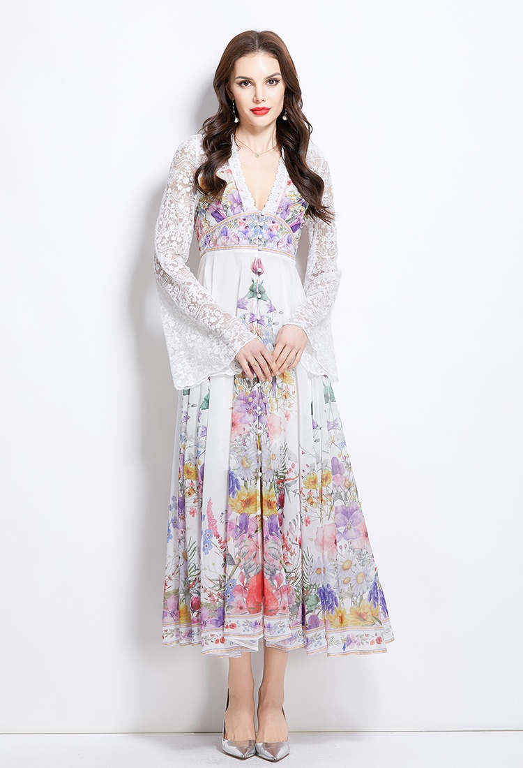 Printing lace V-neck spring and summer dress