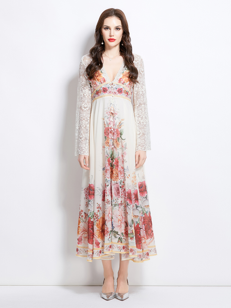 Splice trumpet sleeves printing lace vacation dress