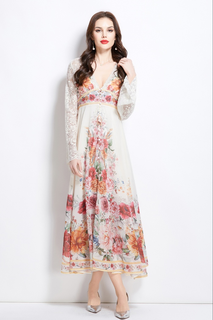 Splice trumpet sleeves printing lace vacation dress