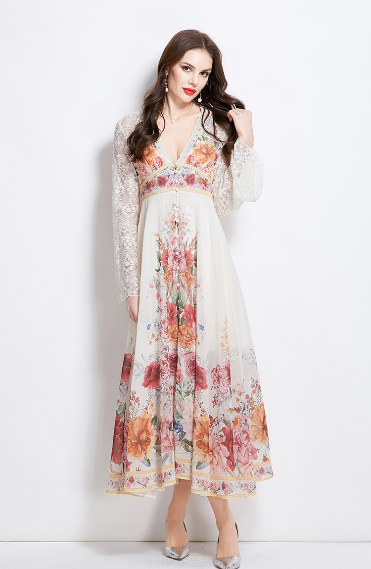 Splice trumpet sleeves printing lace vacation dress