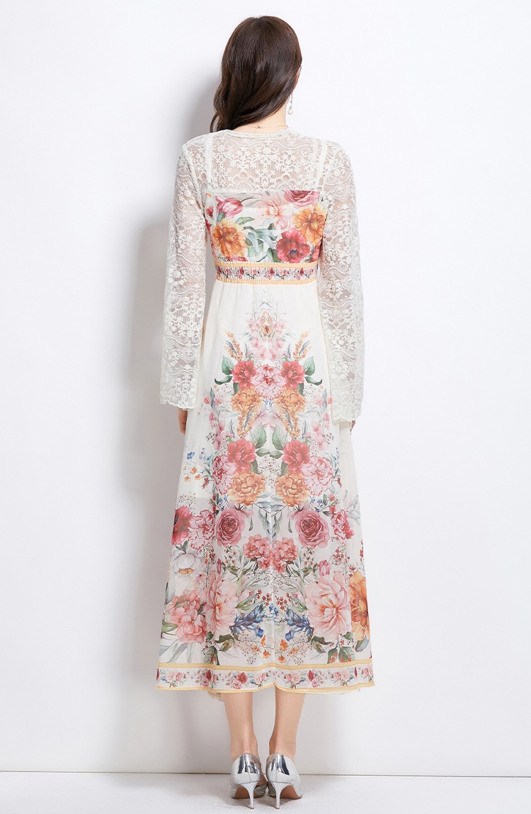 Splice trumpet sleeves printing lace vacation dress