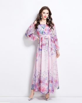 Retro spring long flowers flat shoulder dress