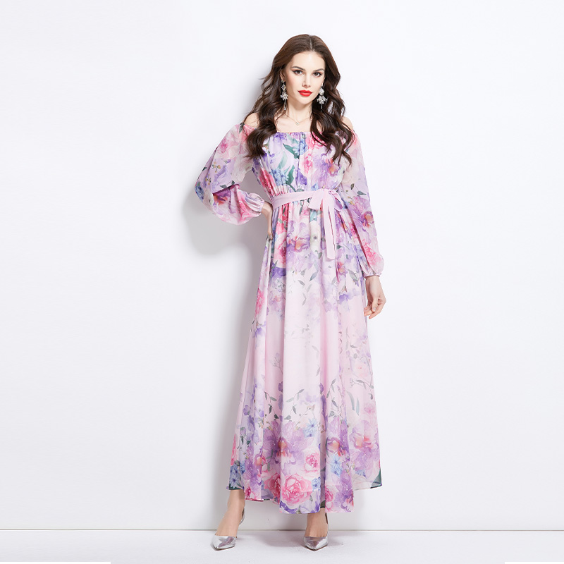 Retro spring long flowers flat shoulder dress