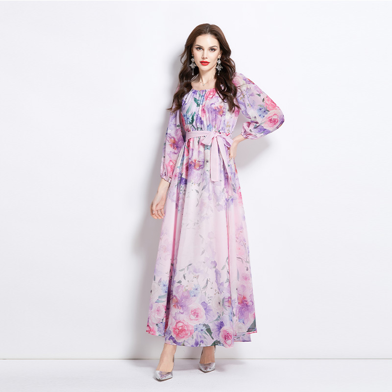 Retro spring long flowers flat shoulder dress