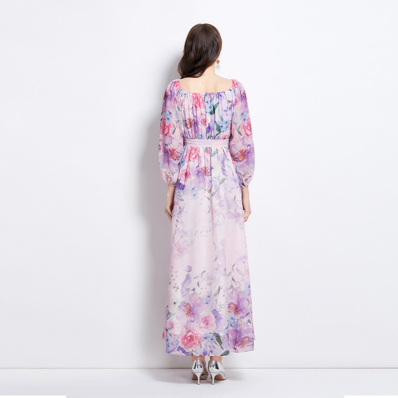 Retro spring long flowers flat shoulder dress